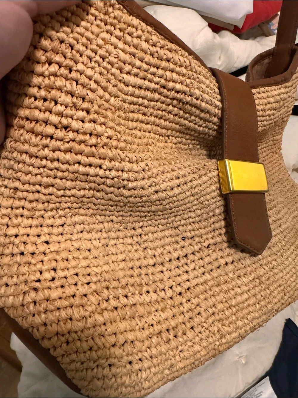 J. Crew Straw Shoulder Bag with Brown Leather and Yellow Accent